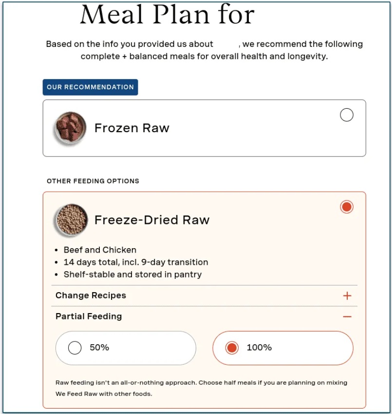A screenshot of We Feed Raw's suggested meals