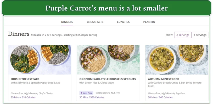 Screenshot of Purple Carrot's menu with tabs for dinners, breakfasts, lunches, and plantry