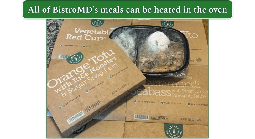 Spread of BistroMD meals in their trays with Orange Tofu on the top