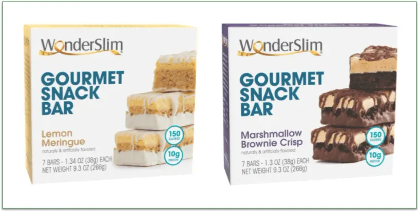 Pictures of two boxes of WonderSlim's gourmet snack bars