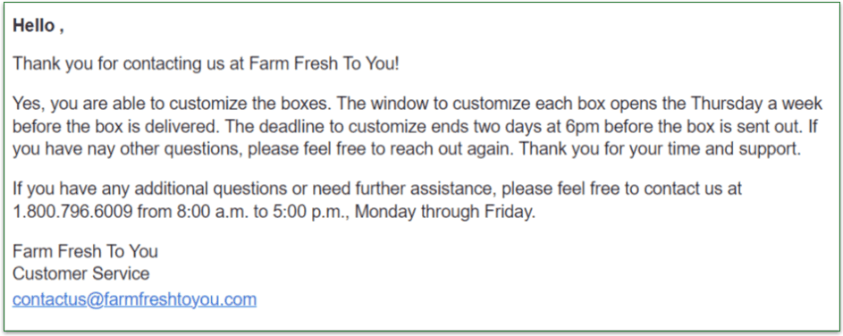 Farm Fresh to You customer support team's response