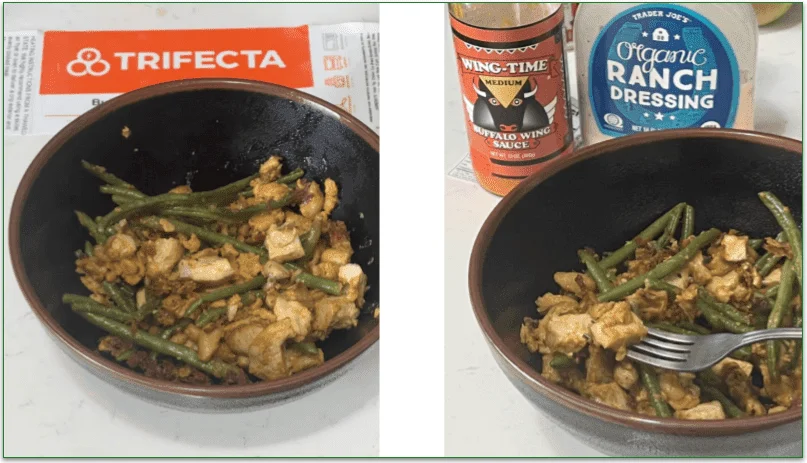 Photo showing the Trifecta Buffalo Chicken Pasta dish served in a bowl next to a photo of the same bowl and buffalo sauce and ranch dressing bottles behind it