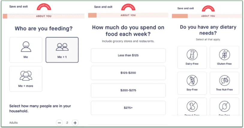 Screenshots from the Hungryroot signup questionnaire