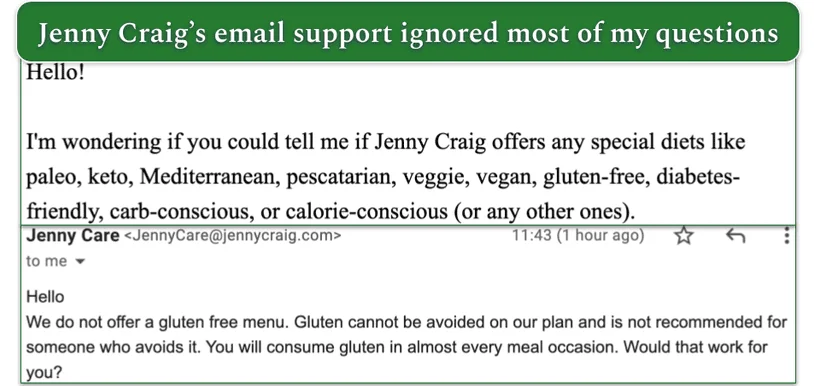 Jenny Craig's email response