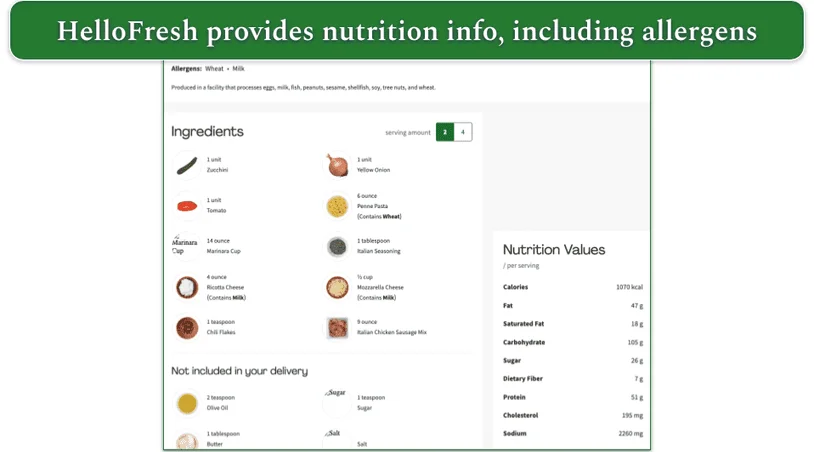 a screenshot of hellofresh's nutritional label
