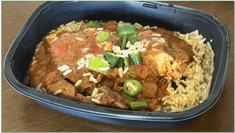 Photo of BistroMD's Chicken and Andouille Sausage Jambalaya dish cooked in a microwaveable tray