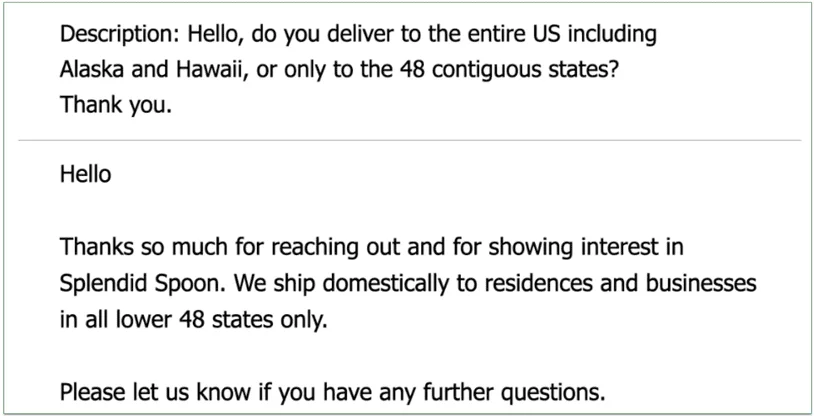 a screenshot of splendid spoon's email support response