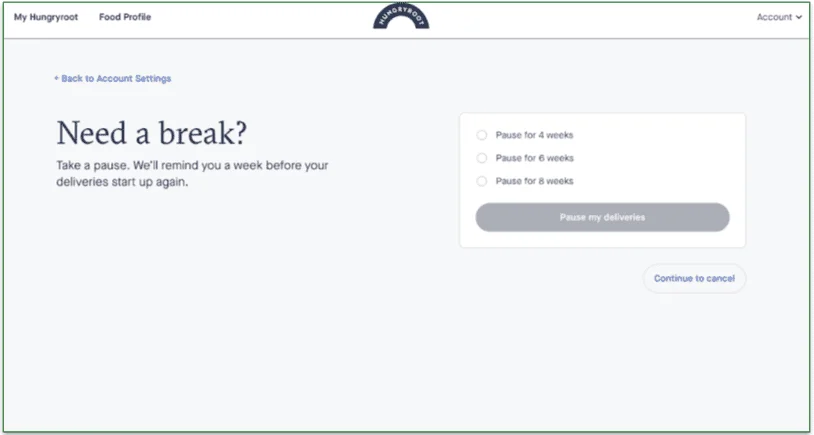 Pause subscription page in Hungryroot's account