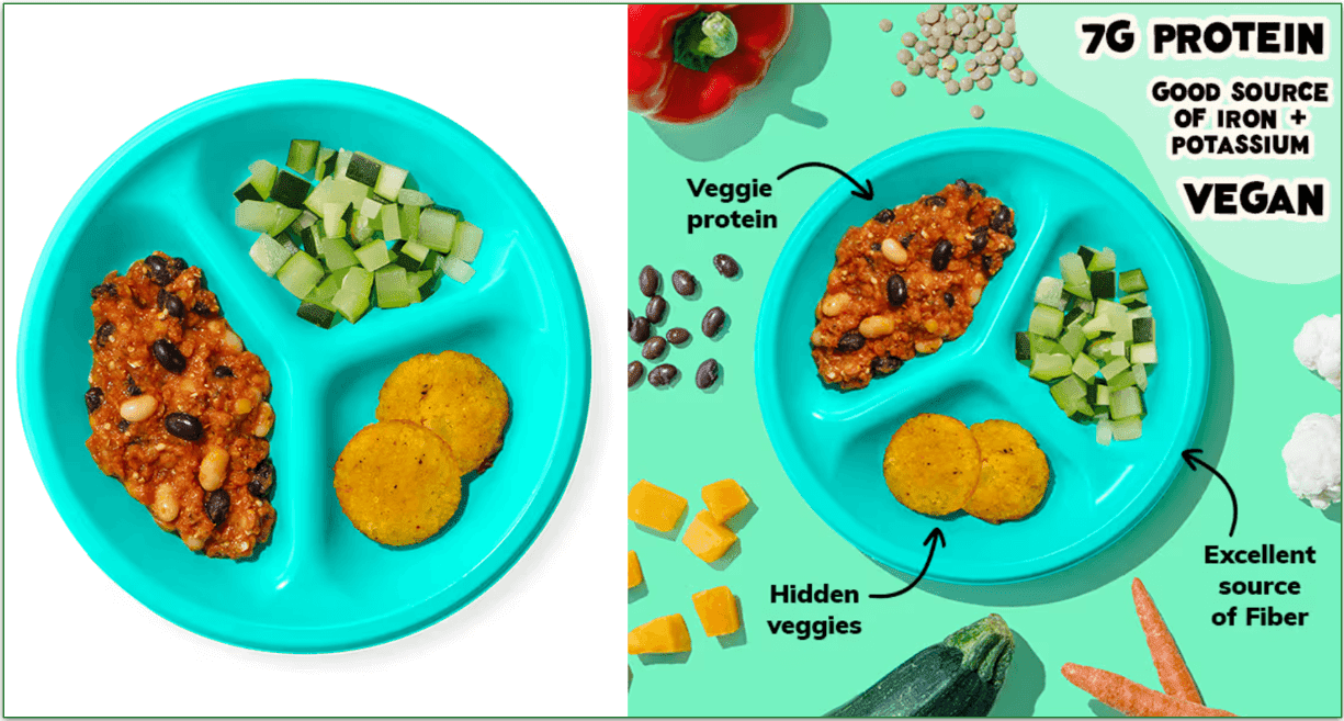 Little Spoon's Veggie Chili dish next to an infographic detailing the nutrition of the meal
