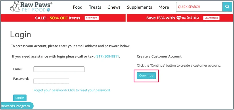 Raw Paws Pet Food's Login page