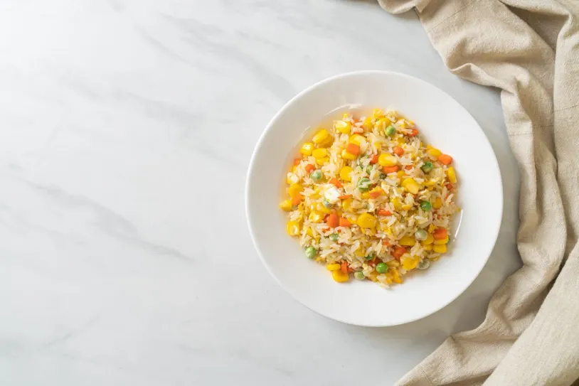 Vegetable fried rice in a white bowl
