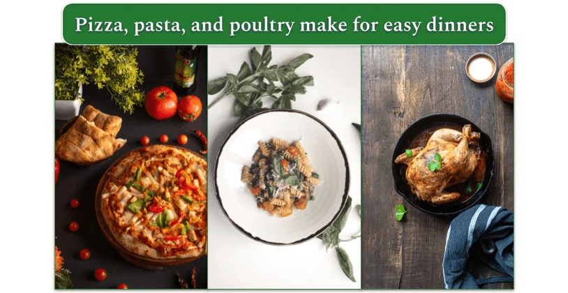 Side-by-side photos of a pizza, a bowl of pasta, and a roasted chicken