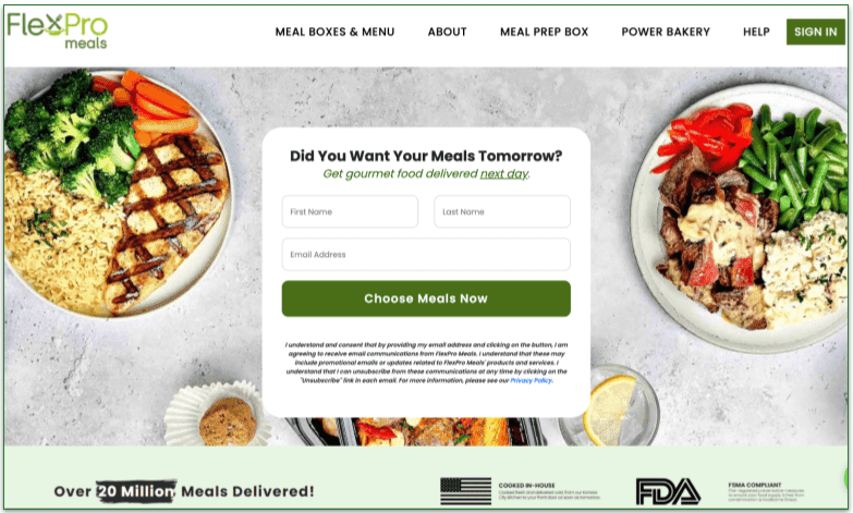 a screenshot if flexpro meals's home page