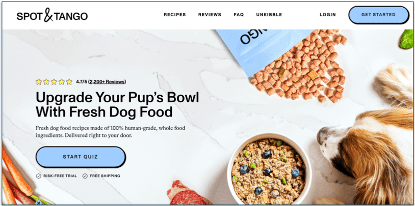 screenshot of Spot & Tango's homepage with start quiz button