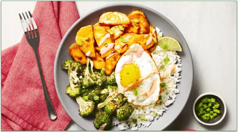 screenshot of HelloFresh's Honey Miso Broccoli & Sweet Potato Donburi with Scallion Rice and Sriracha Mayo