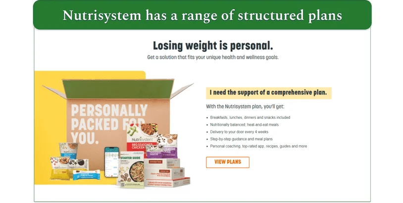Screenshot of text of Nutrisystem's website describing its structured weight-loss plans