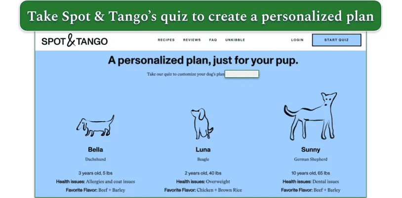  Screenshot of Spot & Tango’s website showing 3 plans for different breeds