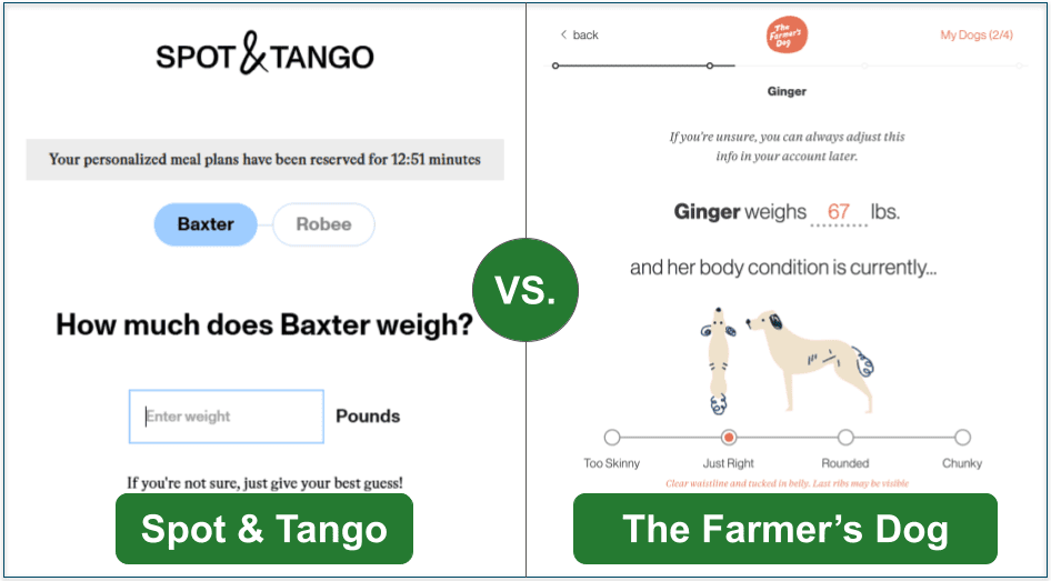 A comparison between Spot & Tango's and The Farmer's Dog's customization questionnaire.