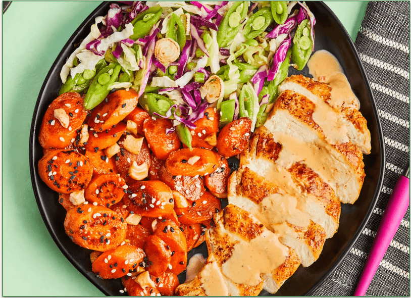 Green Chef's Boom Boom Chicken with honey-glazed sesame carrots with cashews, cabbage & snap pea slaw