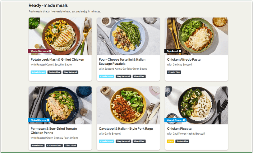Factor's entrée options on its menu