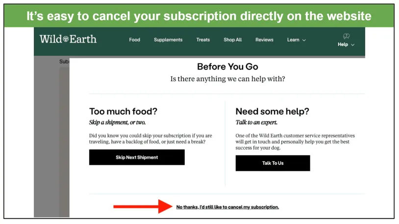 Wild Earth's page for canceling your order on the website