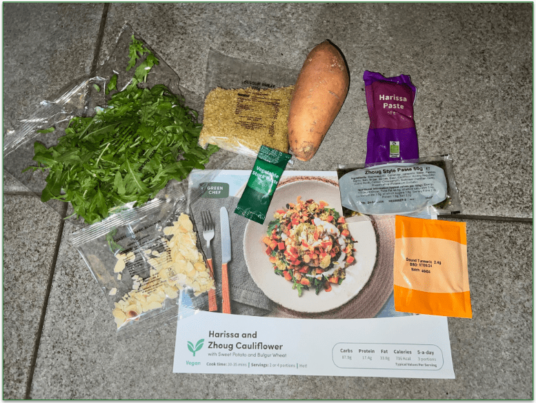 Ingredients and recipe card for Green Chef’s Harissa and Zhoug Cauliflower