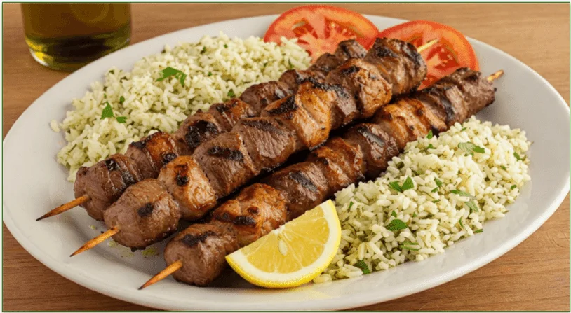 3 Greek pork and chicken souvlaki skewers alongside some lemon and herb rice.