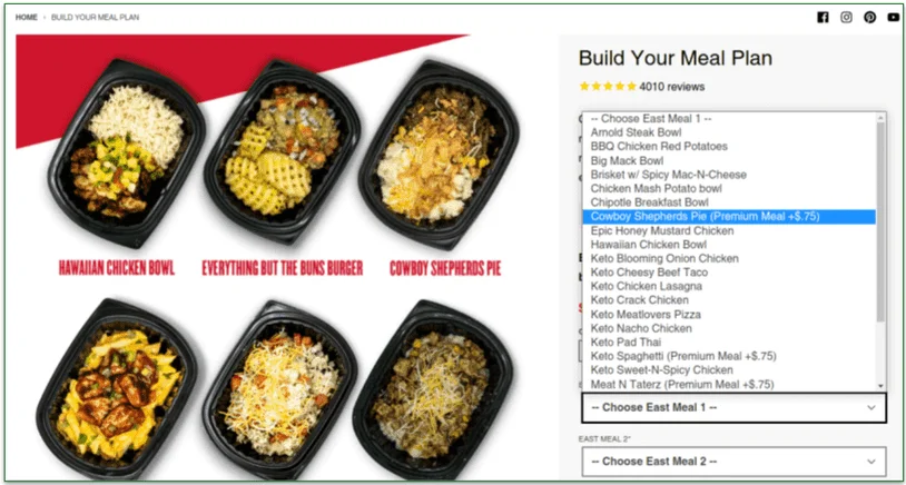 Clean Eatz's Premium Meals options