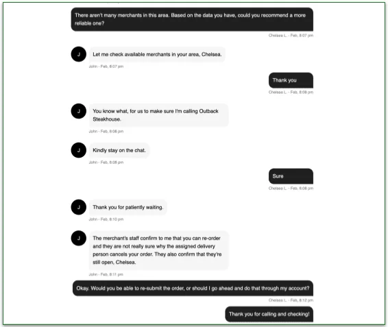 screenshot of Postmates customer service conversation showing excellent customer support