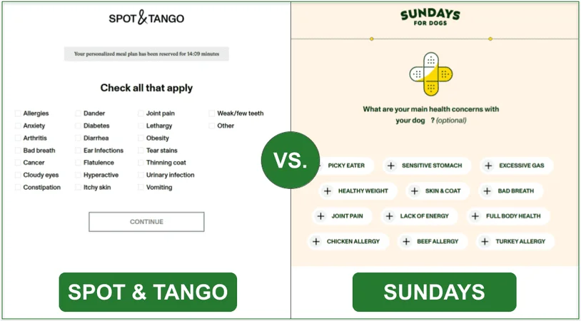 Comparison image of a sign up screen on allergies and health concerns