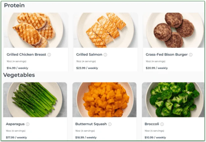 Screenshots of the protein and vegetable prices on the Meal Prep menu