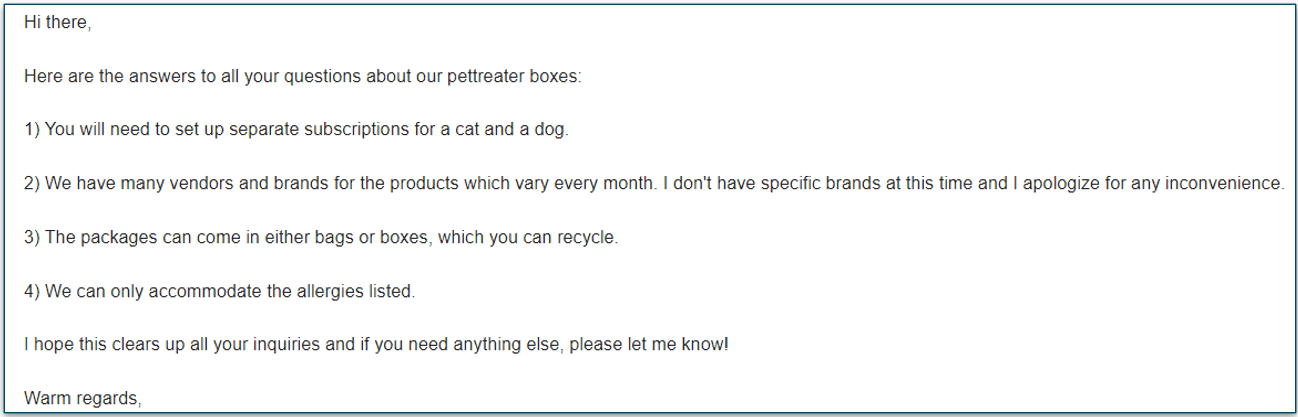 Screenshot of an email reply from Pet Treater