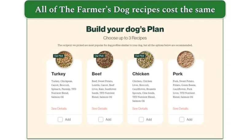 The Farmer's Dog recipe choices on the plan page