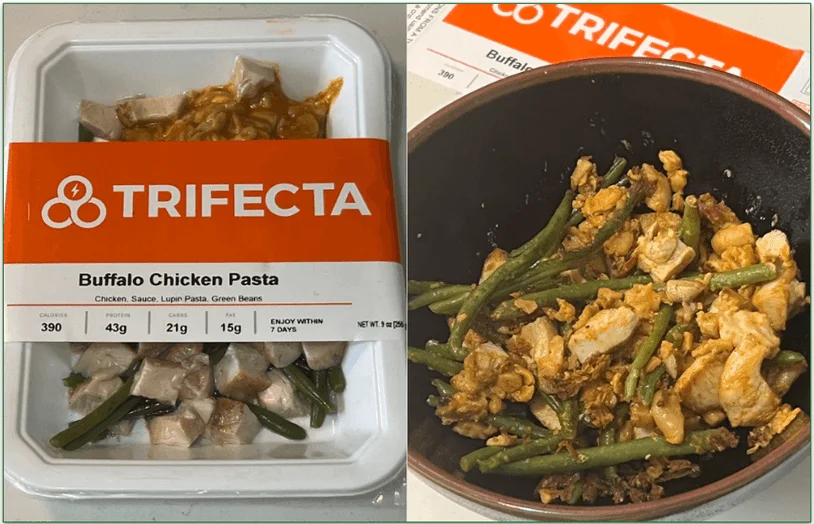 Trifecta's Buffalo Chicken Pasta in its container and in a bowl (after heating)