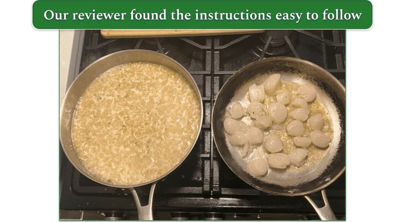 Reviewer cooking seared scallops and garlic herb risotto with scallops in one pan and risotto in another