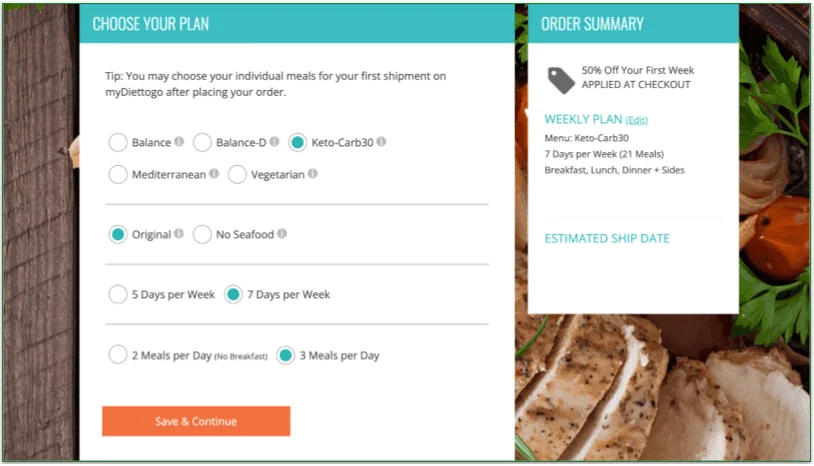 the next screen lets you choose your meal plan, number of meals, and number of days to receive meals