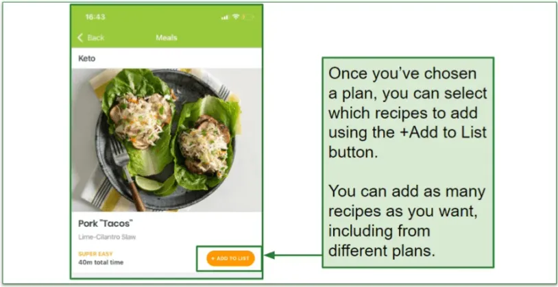 screenshot of how to add an eMeals recipe to the Shopping List