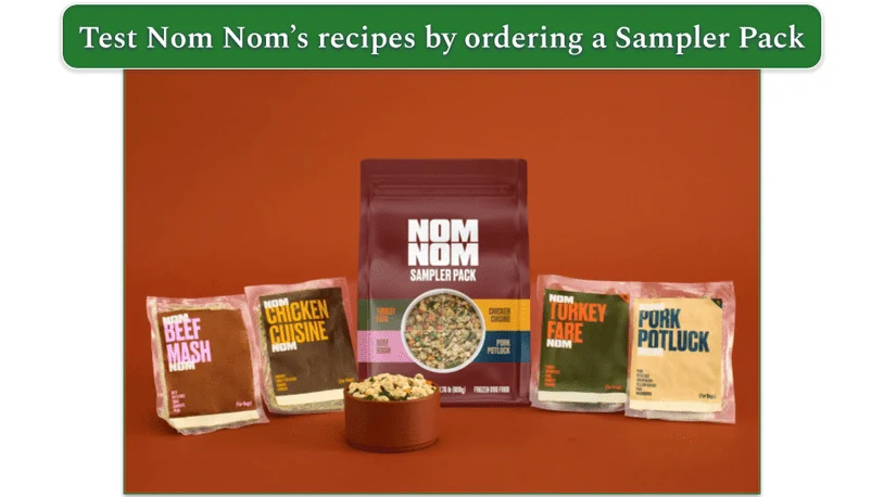 The 4 recipes in Nom Nom's sampler pack on display
