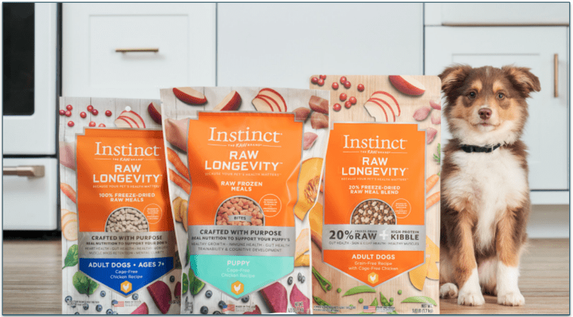 Dog sitting next to a range of Instinct's Longevity meals