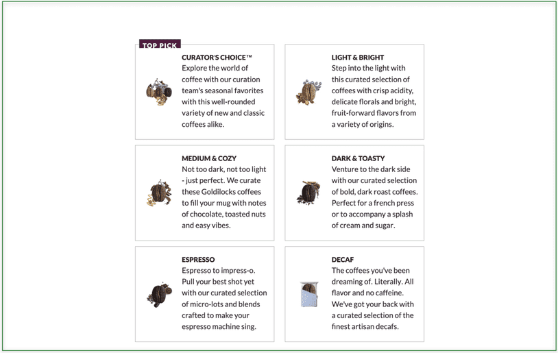 Screenshot of the Tasting Experience page