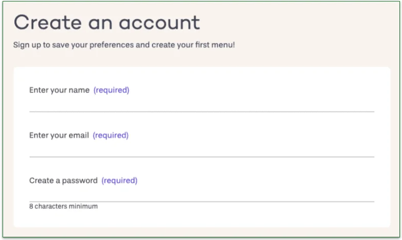 screenshot of PlateJoy account creation
