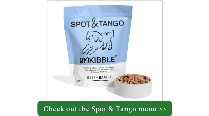 Spot & Tango's Beef + Barley UnKibble pack and bowl of food
