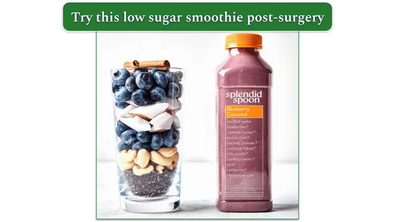 Image of a bottle of Splendid Spoon's Blueberry Coconut smoothie next to a glass full of all the ingredients used in the smoothie