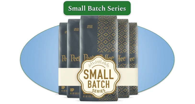 A set of Small Batch coffee packets with a light blue oval background