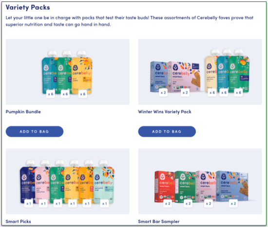 Menu screenshot of 4 Variety Packs offered by Cerebelly