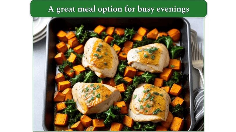 Sheet-Pan Chicken & Kale Hash on a baking sheet