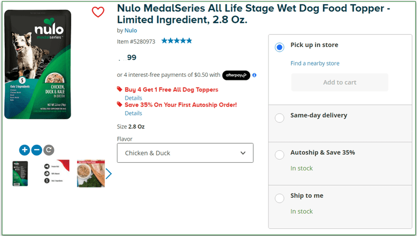 Screenshot of a dog food product on PetSmart with the delivery options highlighted