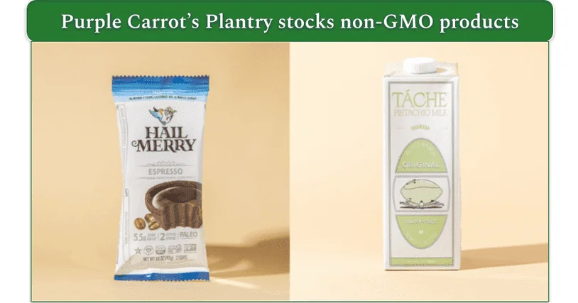 Image of espresso cups and pistachio milk packaging from Purple Carrot's Plantry items