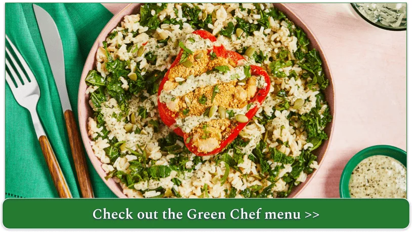 Green Chef's Chimichurri White Bean Stuffed Peppers with Herby Kale Rice, Pepitas, Cilantro, and Cashew “Parmesan”