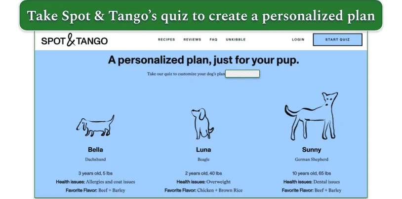 Screenshot of Spot & Tango’s website showing 3 plans for different breeds